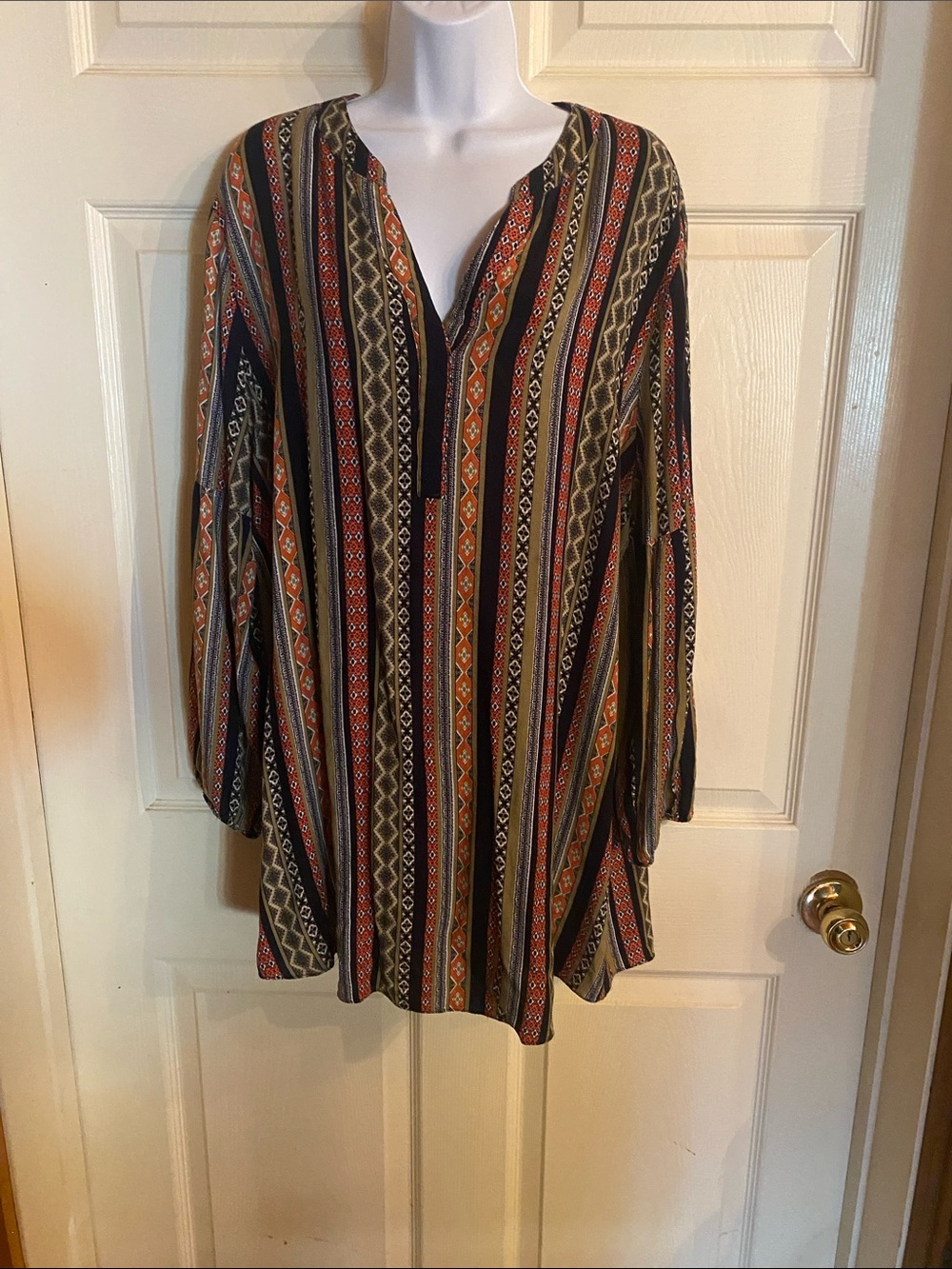 Umgee Striped V-Neck Tunic in Black, Rust & Olive